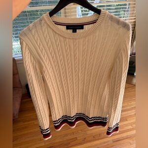 Tommy Hilfiger Ivory Cable Knit Sweater with Striped Hem